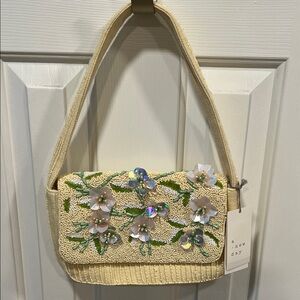 A New Day Cream Beaded Floral Shoulder Purse with Iridescent Accents